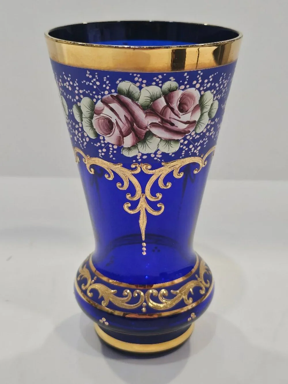 Egermann Cobalt Blue Glass Vase Czech 24K Gold Hand Painted High Enamel Roses